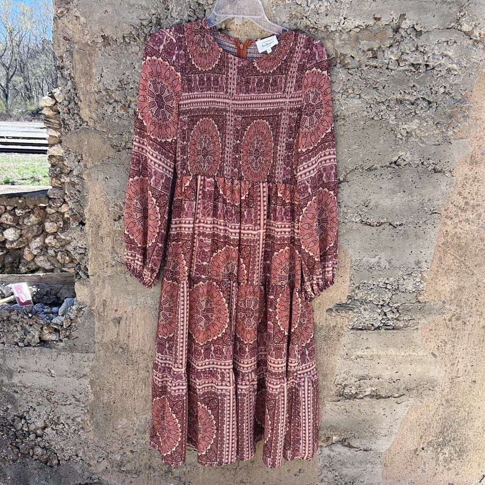 Mid Length Boho Mixed Print Smocked Prairie Bohme Anthropology Dress Sz S‎ Indie